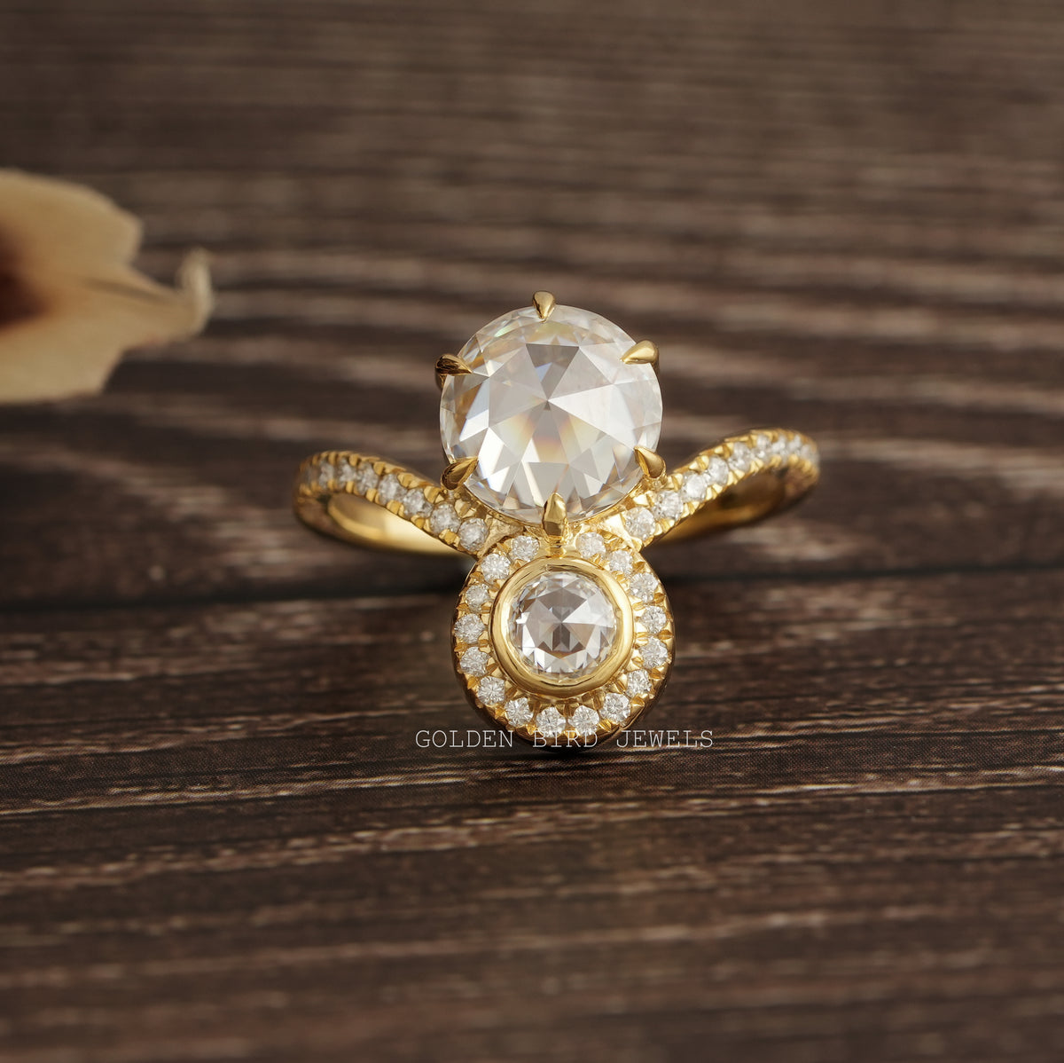 [Front view of rose cut round cut moissanite two stone vintage ring]-[Golden Bird Jewels]