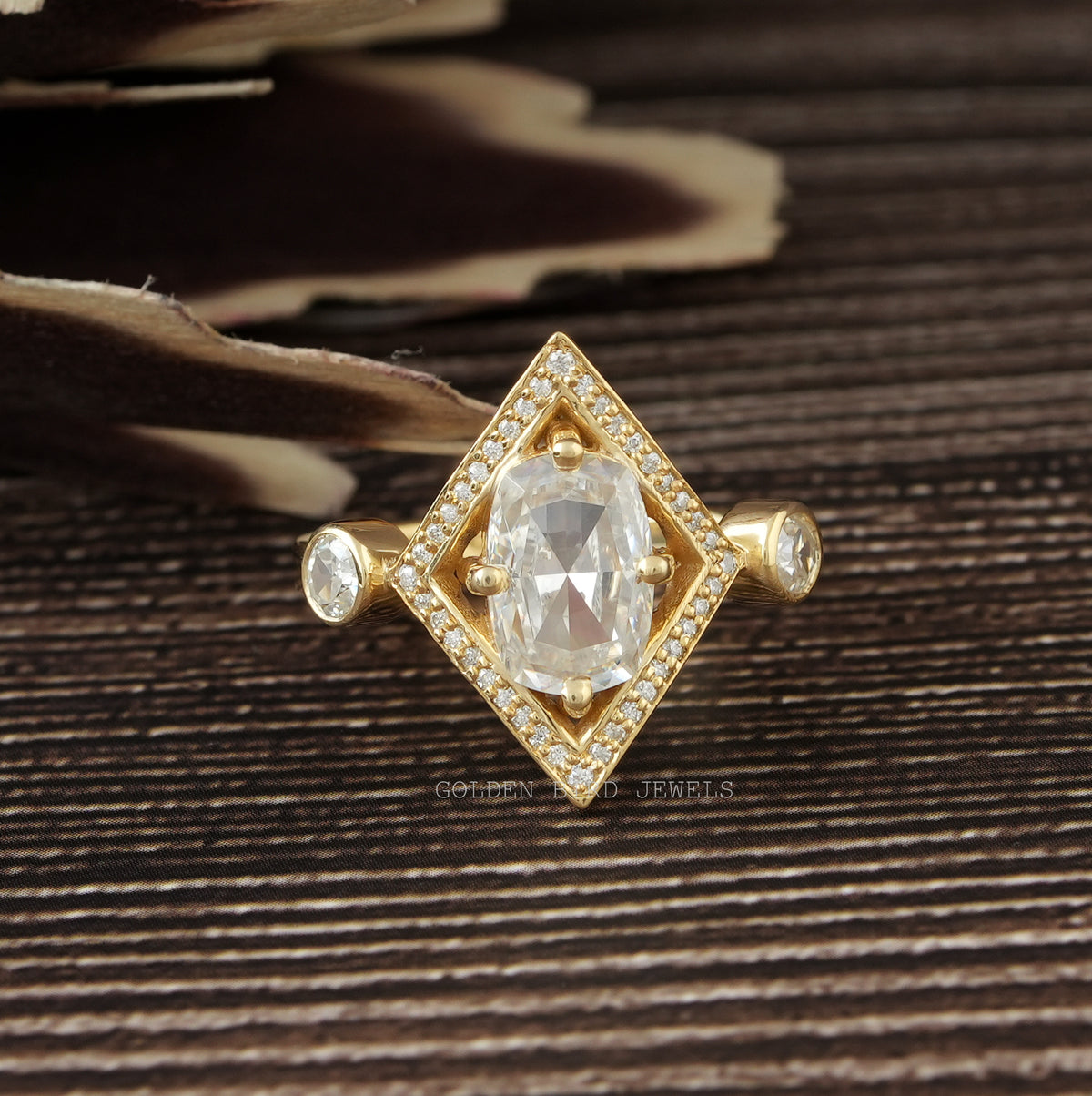 [Rose Cut Cushion Moissanite Engagement Ring In 14K Yellow Gold]-[Golden Bird Jewels]