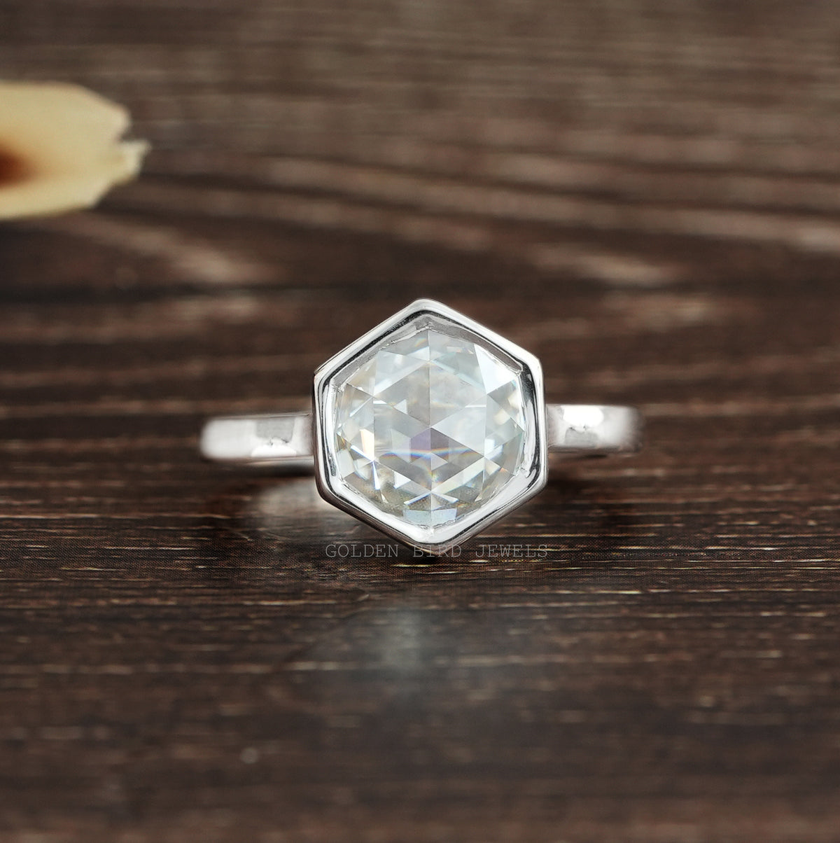 [Colorless Rose Cut Hexagon Moissanite Engagement Ring In White Gold]-[Golden Bird Jewels]