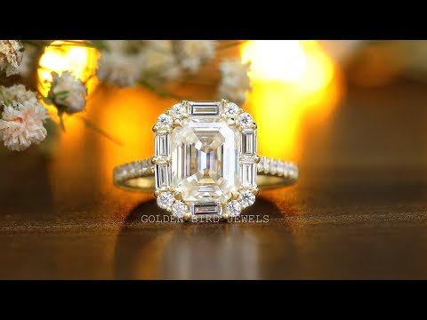[Youtube Video Of Emerald And Baguette Moissanite Halo Engagement Ring]-[Golden Bird Jewels]