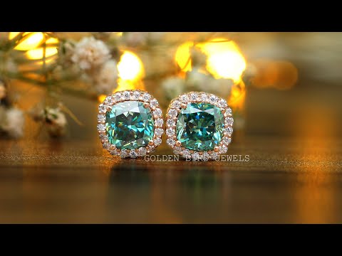 [YouTube Video Of Moissanite Blue Cushion Cut Halo Stud Earrings]-[Golden Bird Jewels]