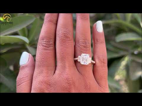 [Youtube Video Emerald Cut Three Stone Moissanite Engagement Ring]-[Golden Bird Jewels]