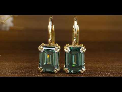 [YouTube Video Of Dark Green Emerald Cut Moissanite Earrings]-[Golden Bird Jewels]