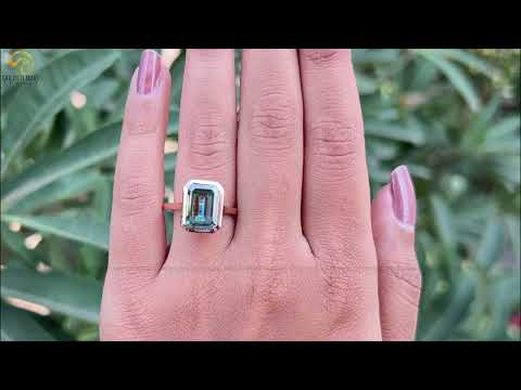 [Youtube Video Of Blue Green Emerald Cut Bezel Set Moissanite Engagement Ring]-[Golden Bird Jewels]