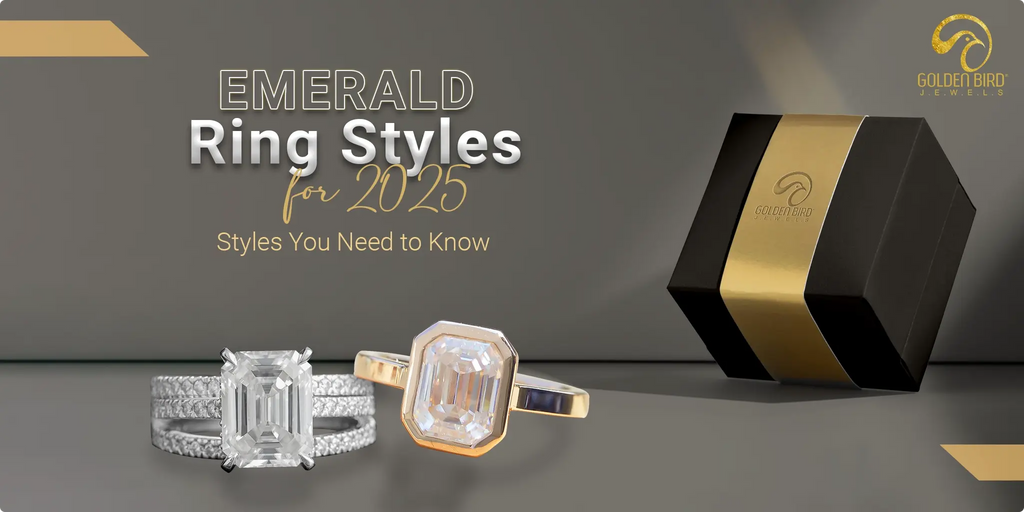 two emerald rings by goldenbird jewels, showcasing in sleek grey background, with jewelry box, [Text] Emerald ring style for 2025