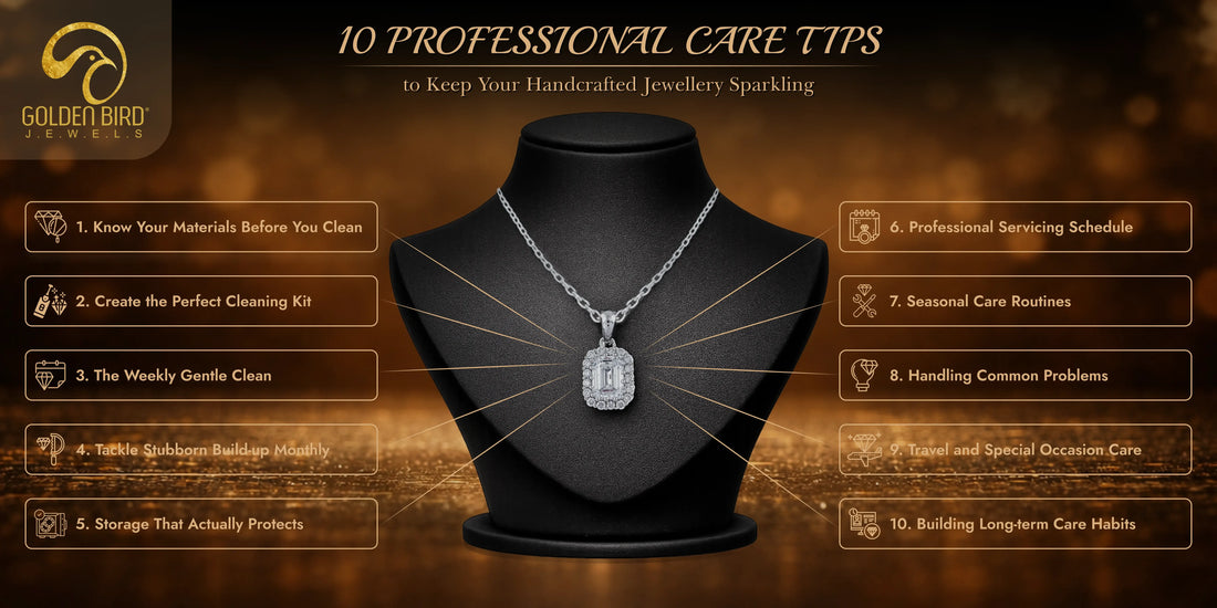 Luxury handcrafted diamond necklace displayed with jewellery care and maintenance tips