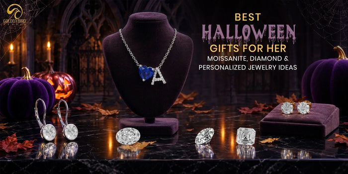 Moissanite and diamond jewelry gifts displayed with Halloween decorations