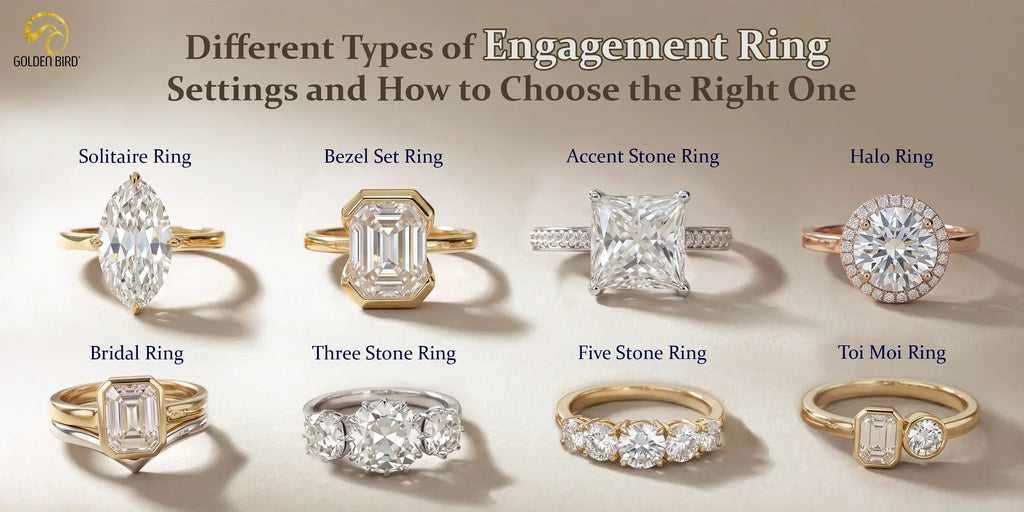 Engagement rings showcasing solitaire, bezel, accent stone, halo, bridal, and multi-stone settings