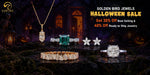 Halloween-themed fine jewelry collection with diamond rings, floral earrings, a tennis bracelet, and pendant necklace