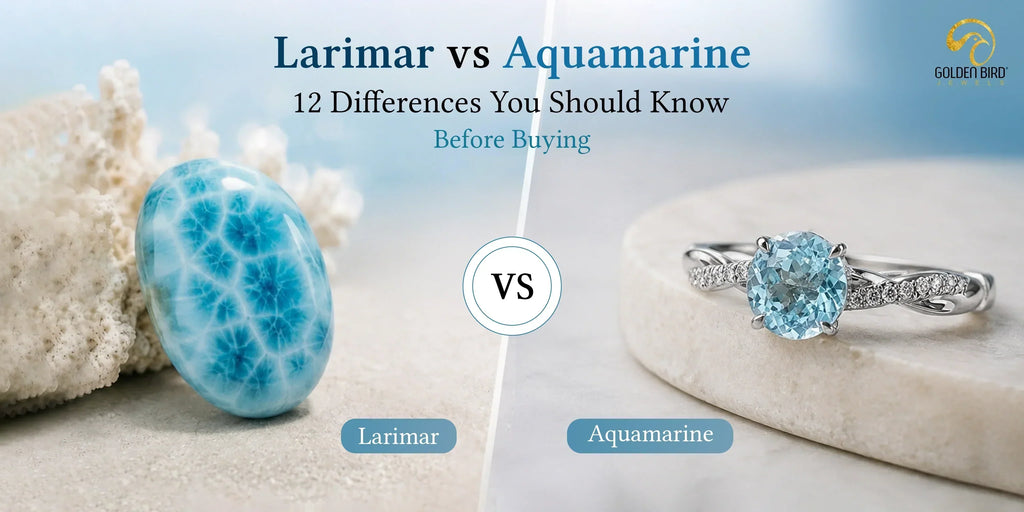 Blue Larimar gemstone placed beside white coral in a comparison with Aquamarine jewelry