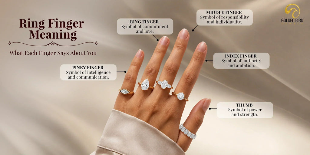 Hand wearing diamond rings with labels explaining the meaning of the thumb, index, middle, ring and pinky fingers