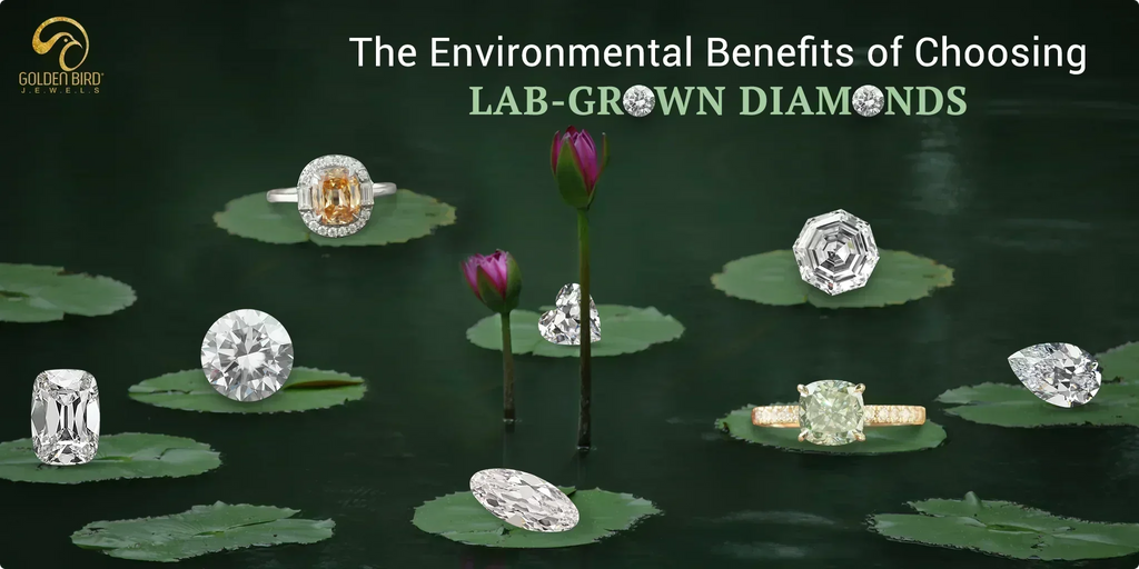 Environmental advantages of lab-grown diamonds displayed with rings on green lily pads.