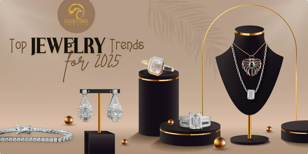Top jewelry trends for 2025 showcasing rings, necklace, and bracelet designs.