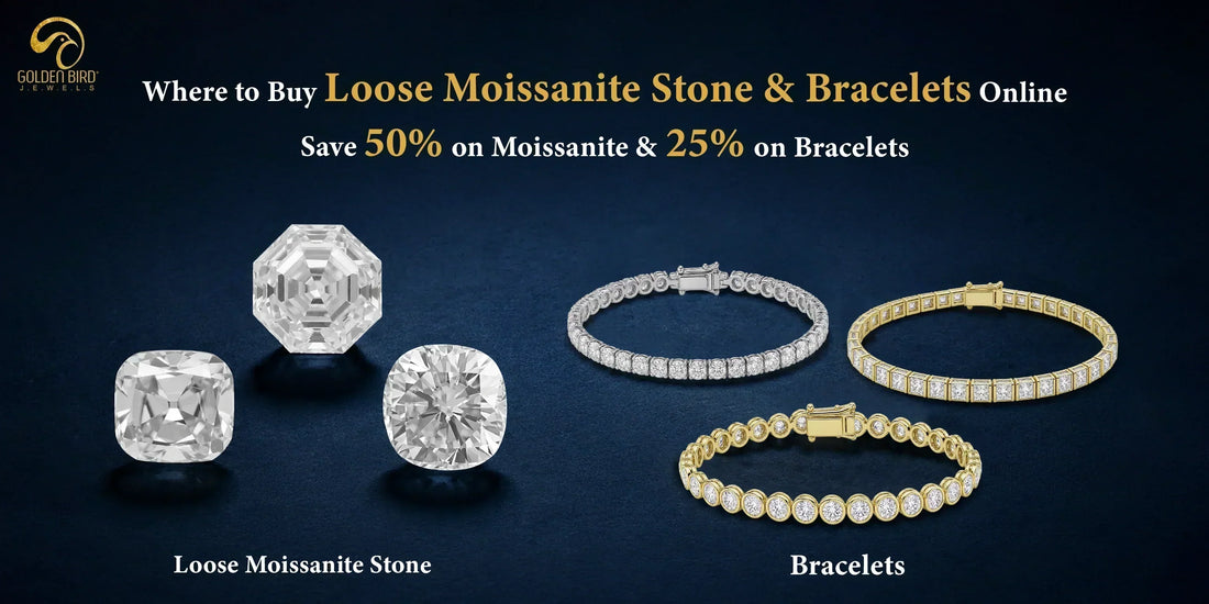 Close-up of loose moissanite stones and bracelets featuring 50% off and 25% off offers