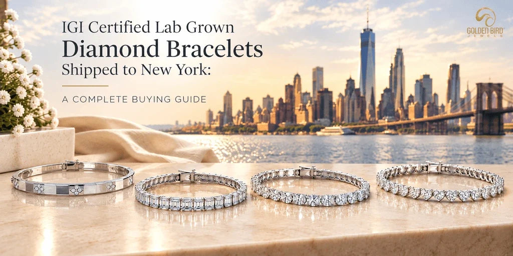 Round, emerald, oval and heart cut diamond bracelets beside a city skyline