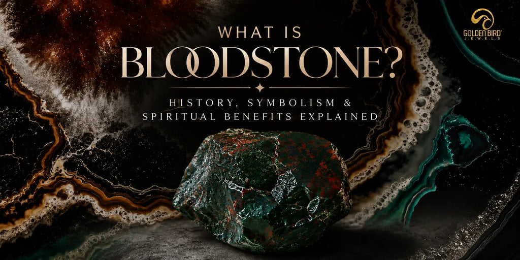 View of a raw bloodstone gemstone showcasing its deep green colour and distinctive red inclusions