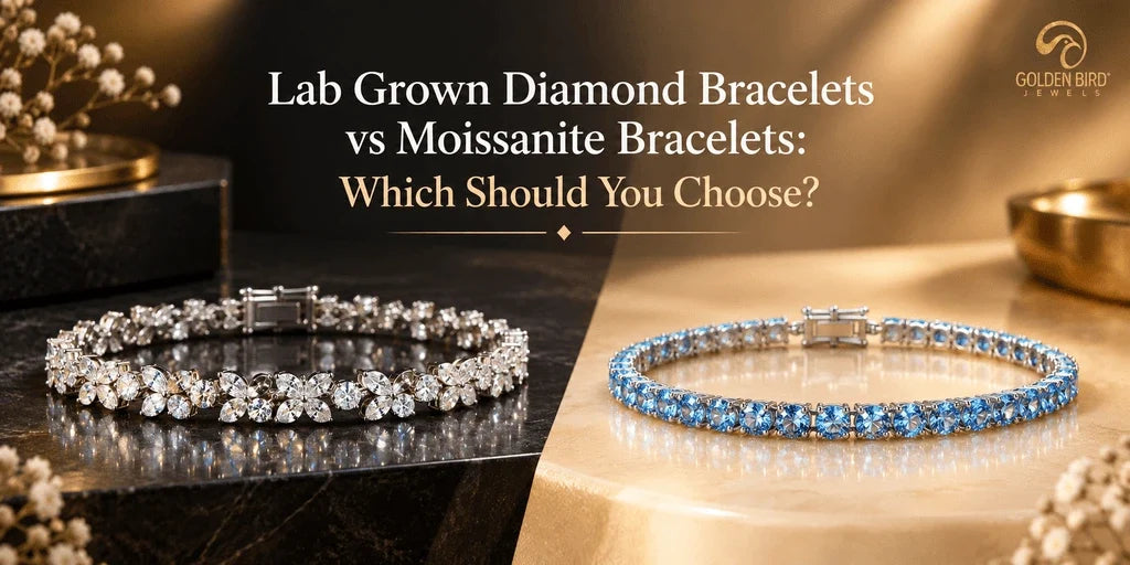 Lab grown diamond and blue moissanite bracelets compared in a luxury jewelry banner.