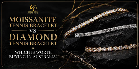 Gold and silver tennis bracelets with sparkling stones showcased on a black stone display