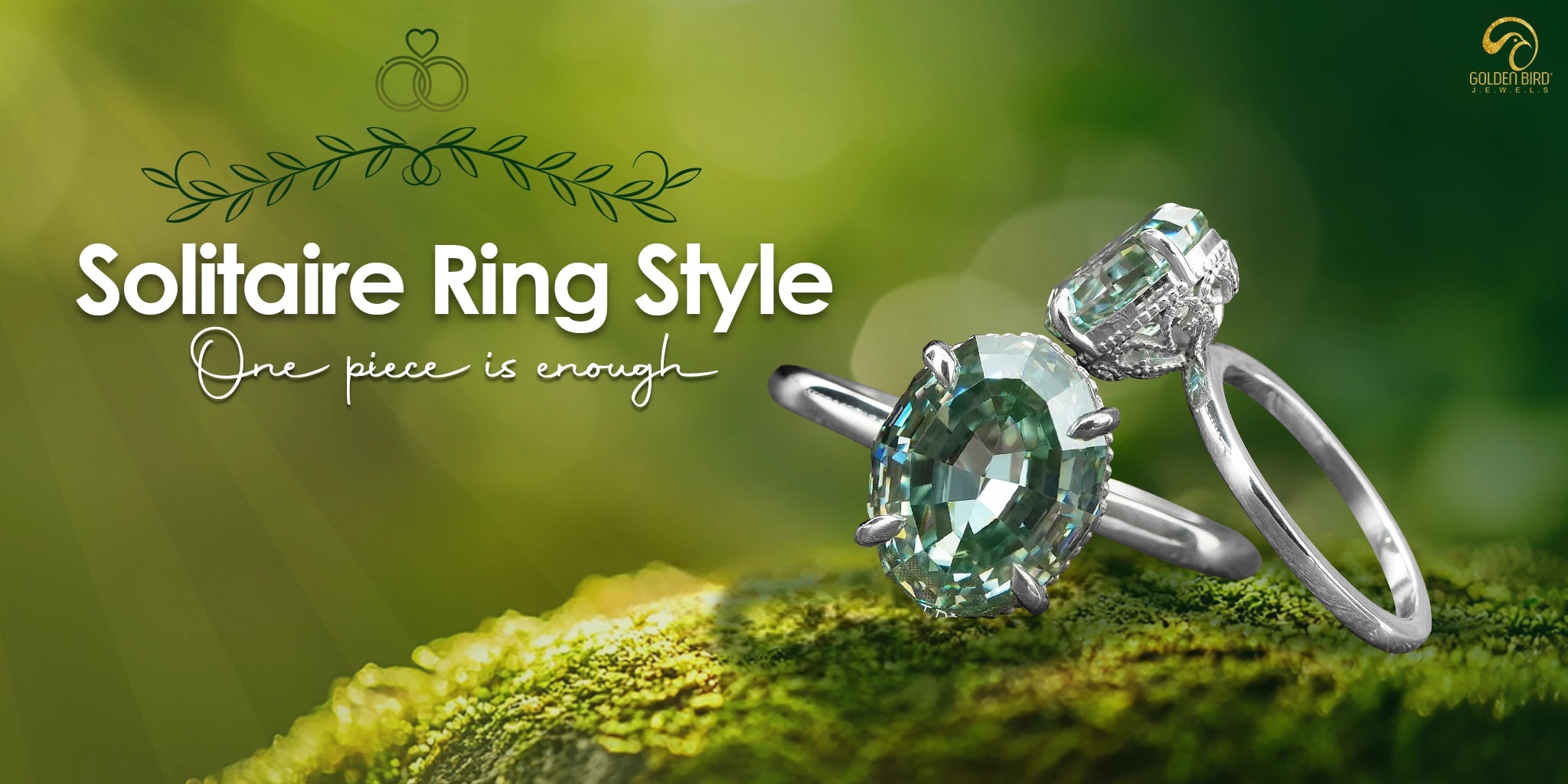 A solitaire Engagement Ring made by goldenbirdjewels, placed over beautiful greeen rock,[text] solitaire ring style is written in white color fancy font