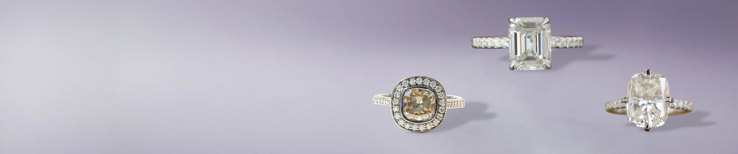 Moissanite engagement rings with oval, cushion, and emerald cuts in elegant timeless styles
