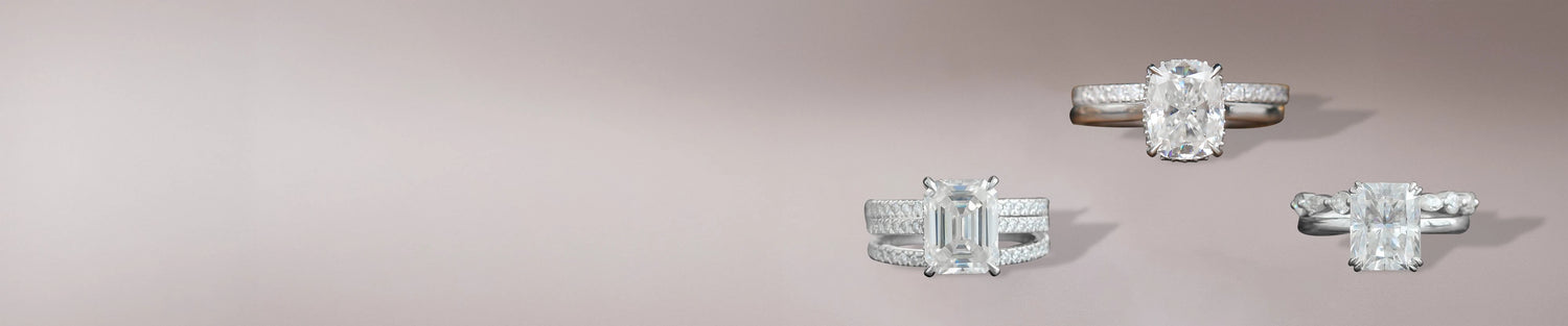 Moissanite bridal ring sets with radiant, emerald, and cushion cuts in elegant designs