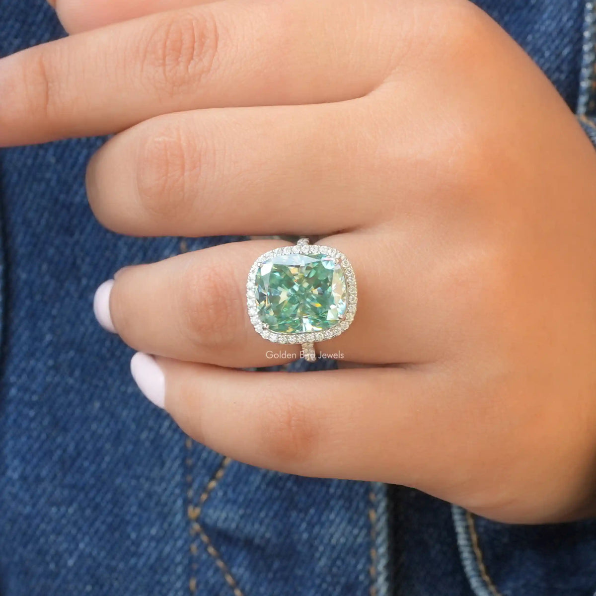 View of Cushion Cut Moissanite Ring Made Of Round Cut Side Stone