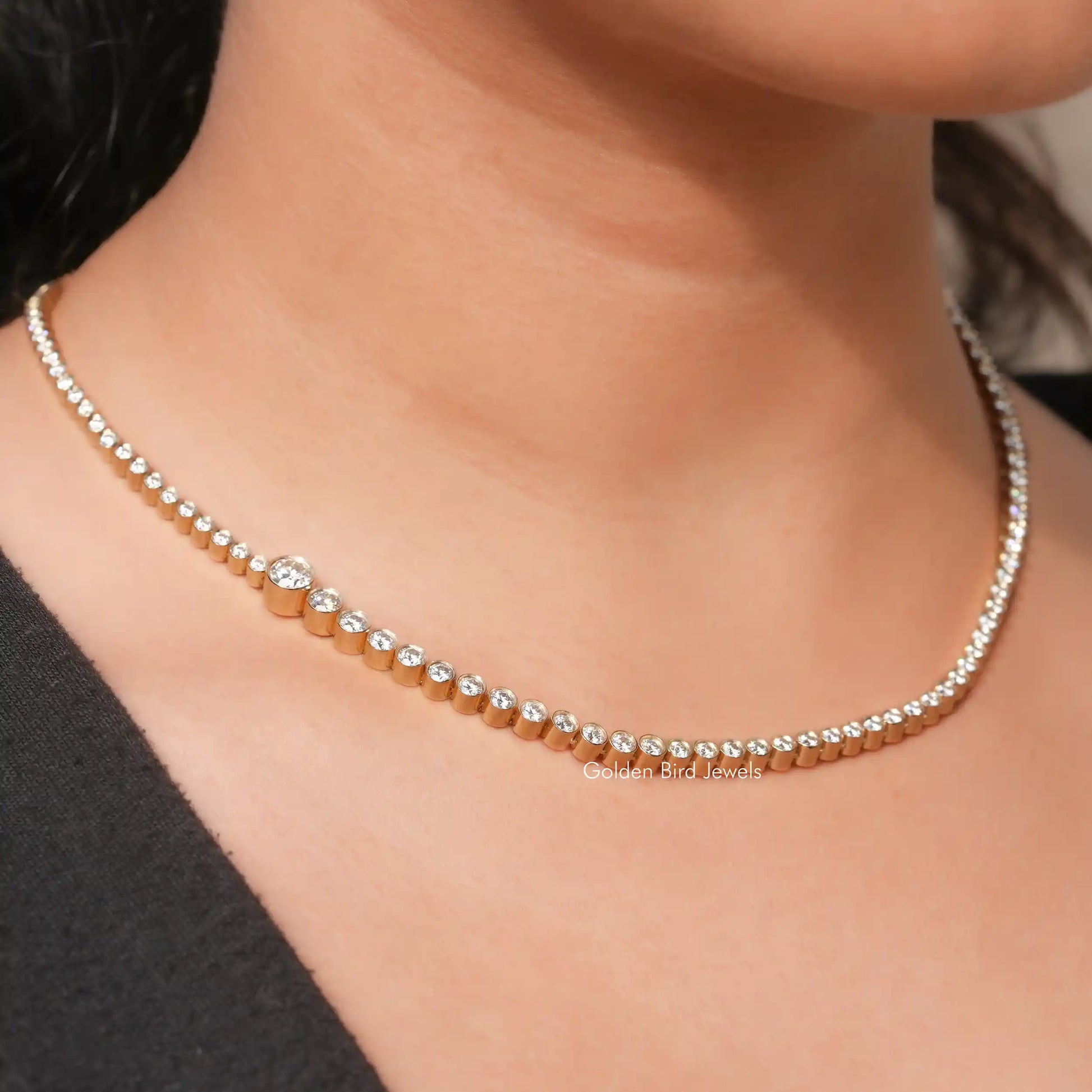 [White Gold Round Cut Moissanite Tennis Necklace]-[Golden Bird Jewels]