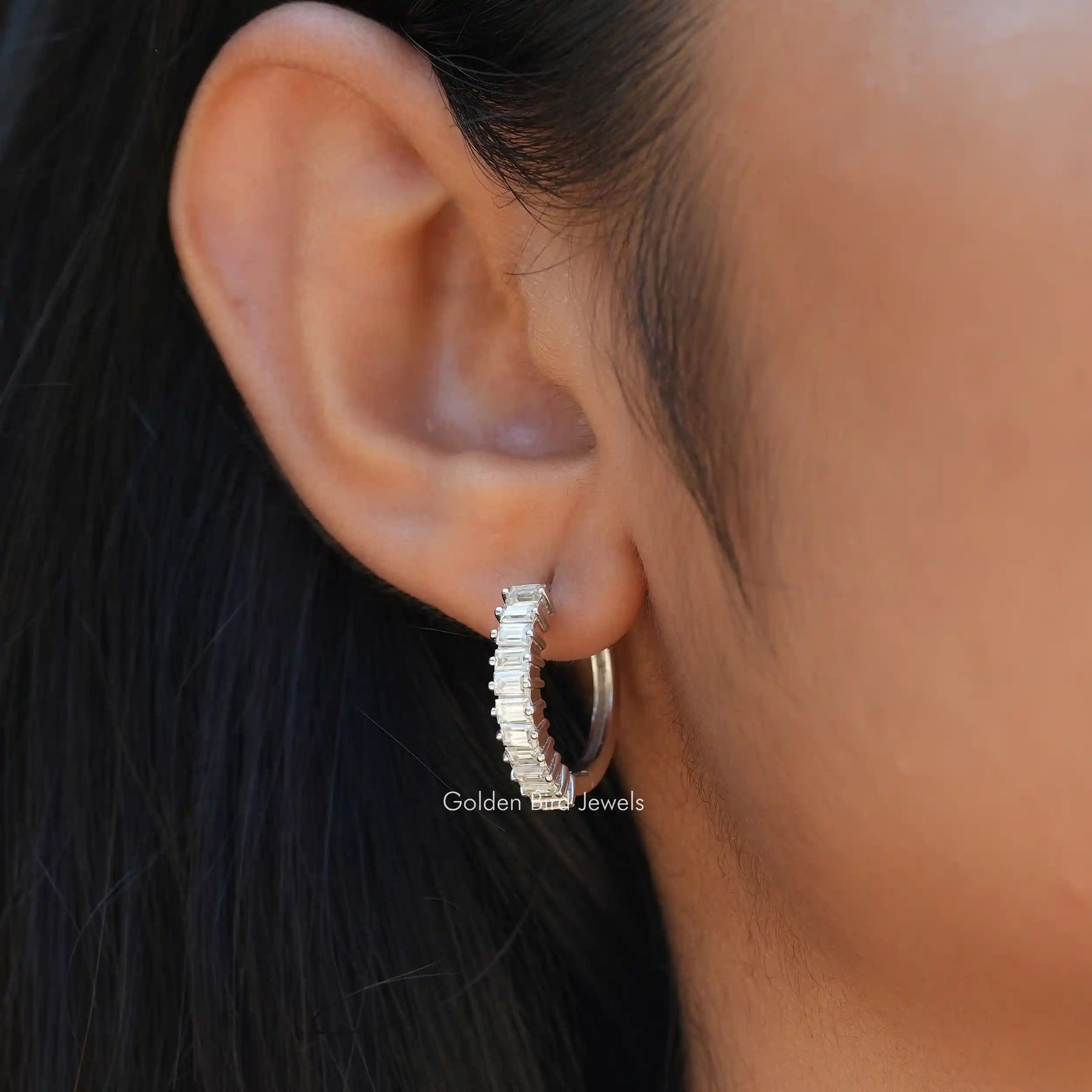 [In ear front view of moissanite earrings set in prong setting]-[Golden Bird Jewels]