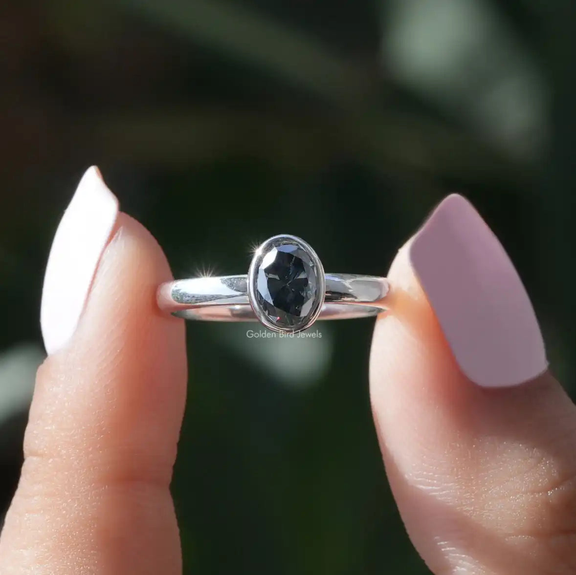 [Front view of dark gray oval cut moissanite bridal ring set]-[Golden Bird Jewels]