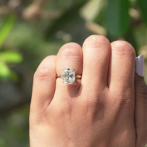 View of Cushion Cut Moissanite Ring In Yellow Gold