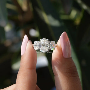 [Front view of old mine oval cut three stone engagement ring in 14k white gold]-[Golden Bird Jewels]