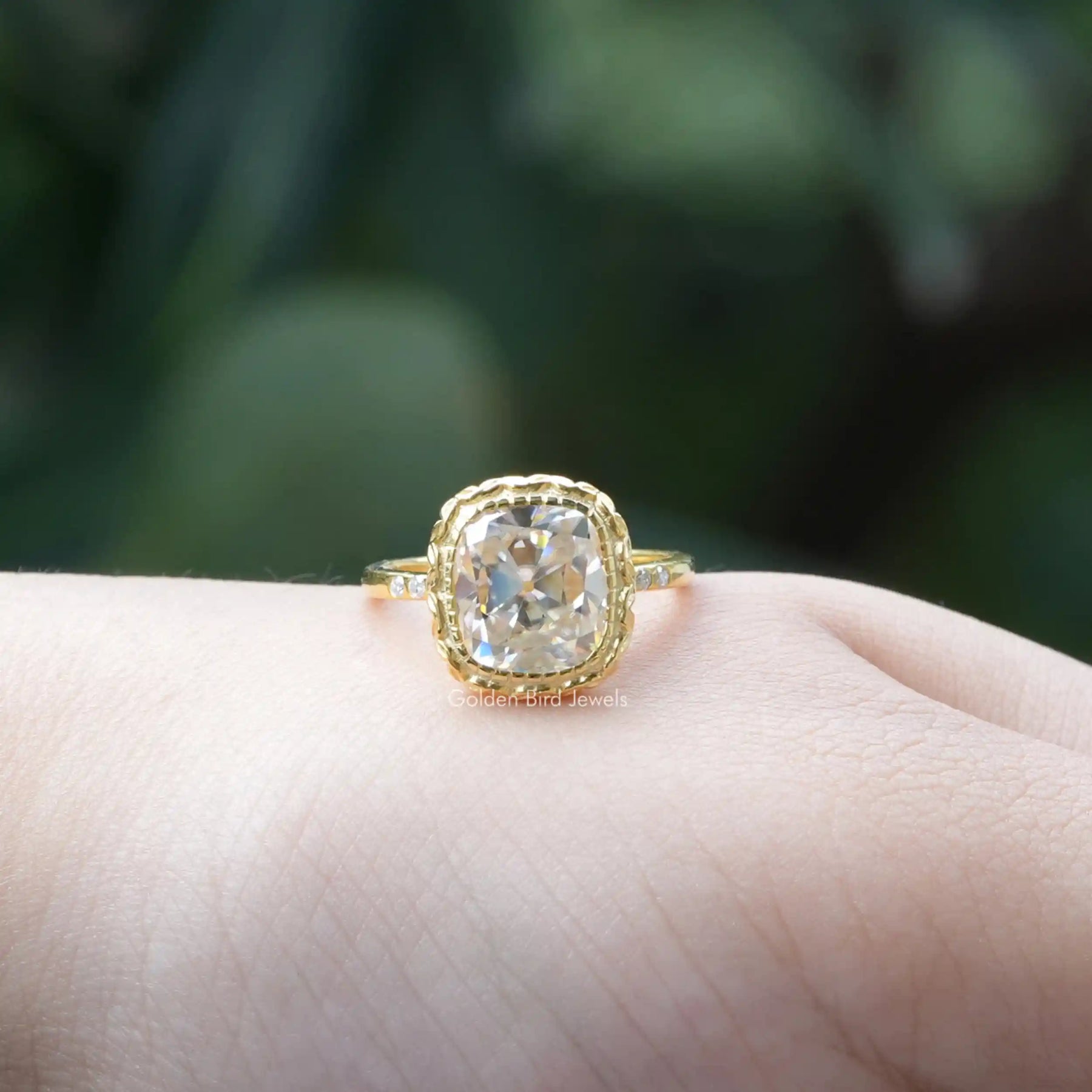 [4 carat cushion cut bezel set ring made of side round cut stones]-[Golden Bird Jewels]