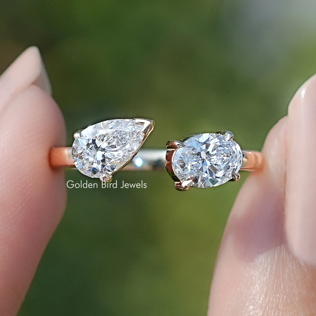 Open Cuff Pear And Oval Lab Diamond Two Stone Ring