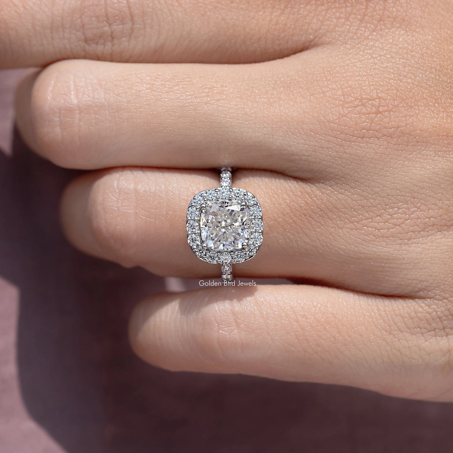 Cushion Cut Moissanite Diamond Halo Accent Ring