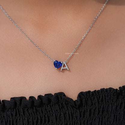 925 sterling silver heart initial pendant necklace with blue heart gemstone and A charm