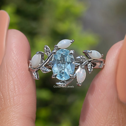 Aquamarine Oval Gemstone Leaf Style Ring