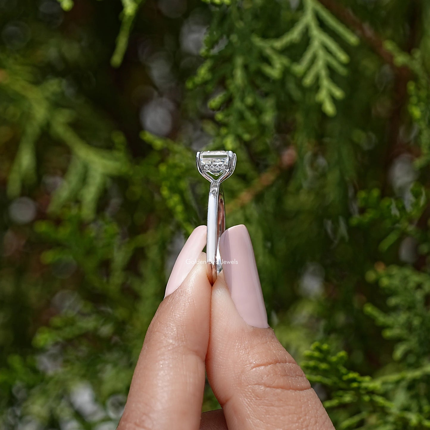 Asscher Cut Moissanite Gemstone Hidden Halo Ring