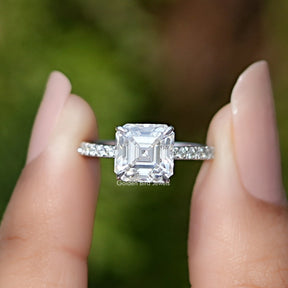 Asscher Cut Solitaire Moissanite Accent Ring