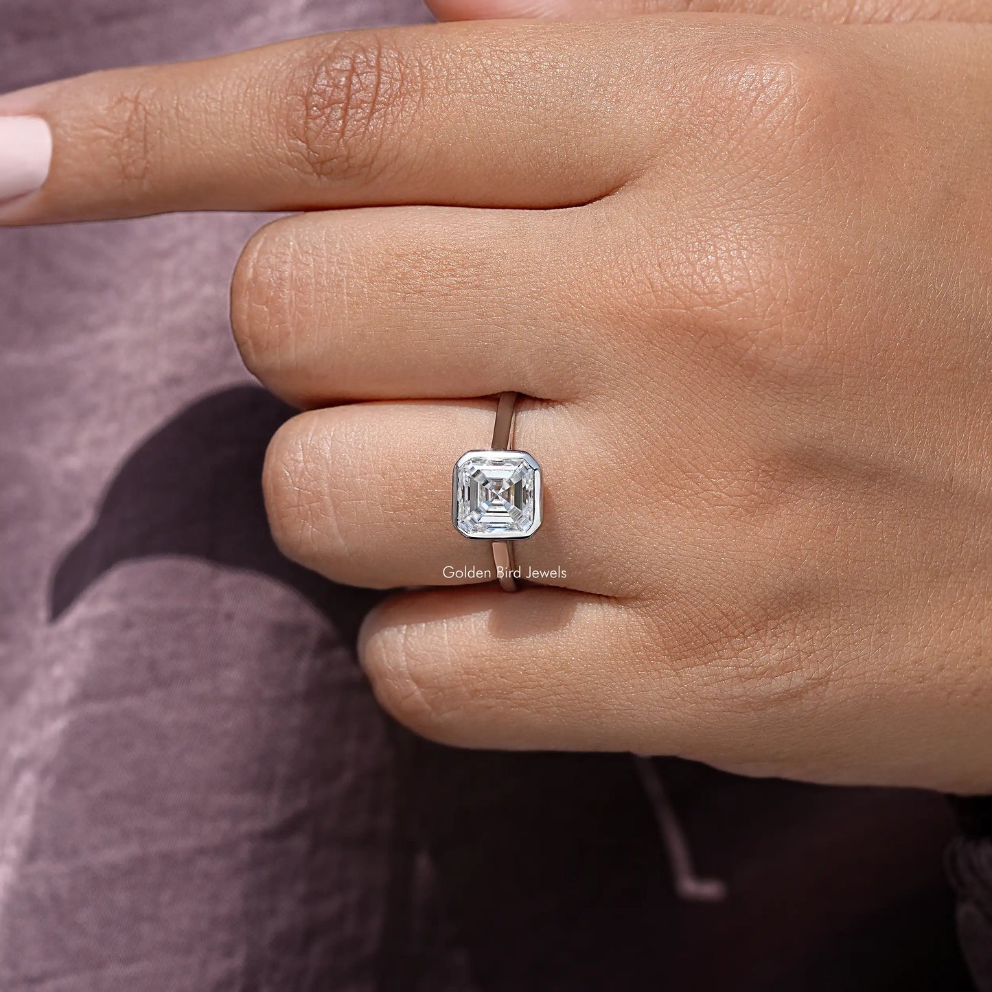 Asscher Cut Moiassnite Diamond Bezel Set Engagement Ring