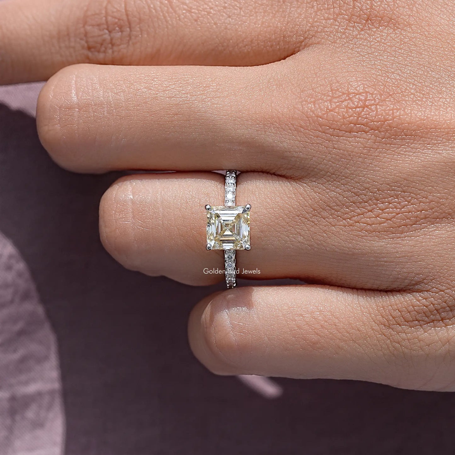 Yellow Asscher Cut Moissanite Gemstone Accent Ring