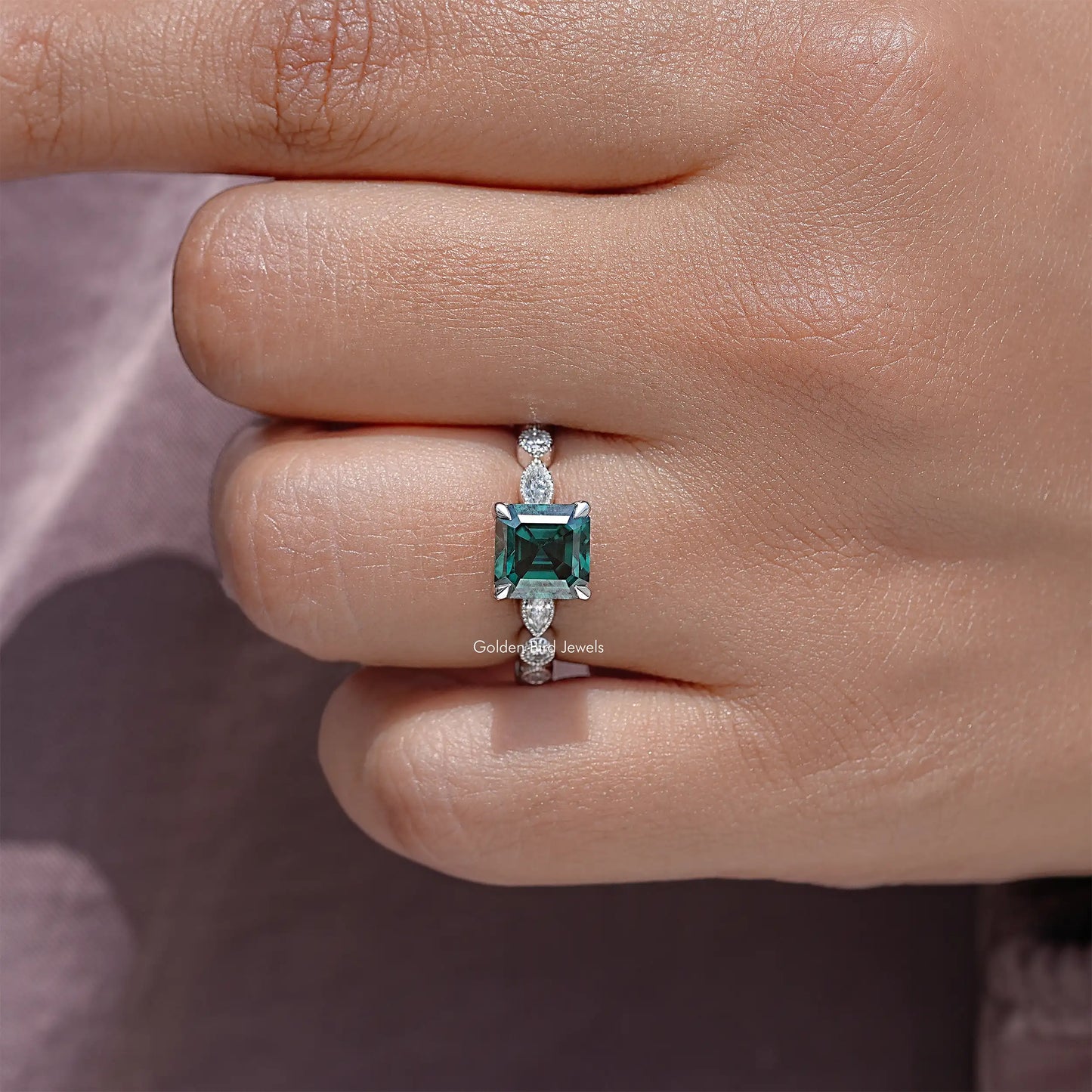 Green Asscher Moissanite Gemstone Engagement Ring