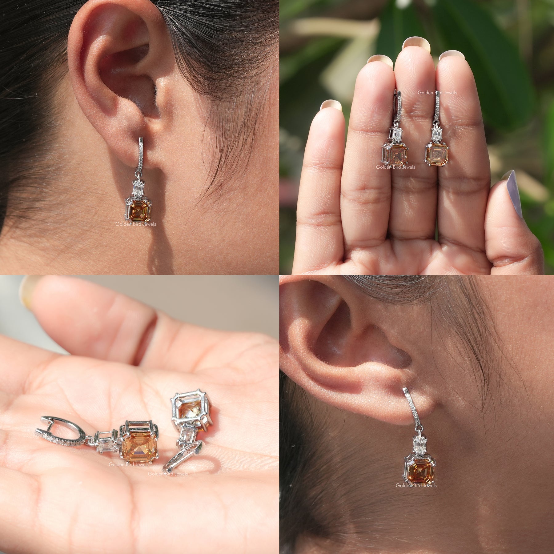 [Collage of asscher cut dangle drop earrings]-[Golden Bird Jewels]