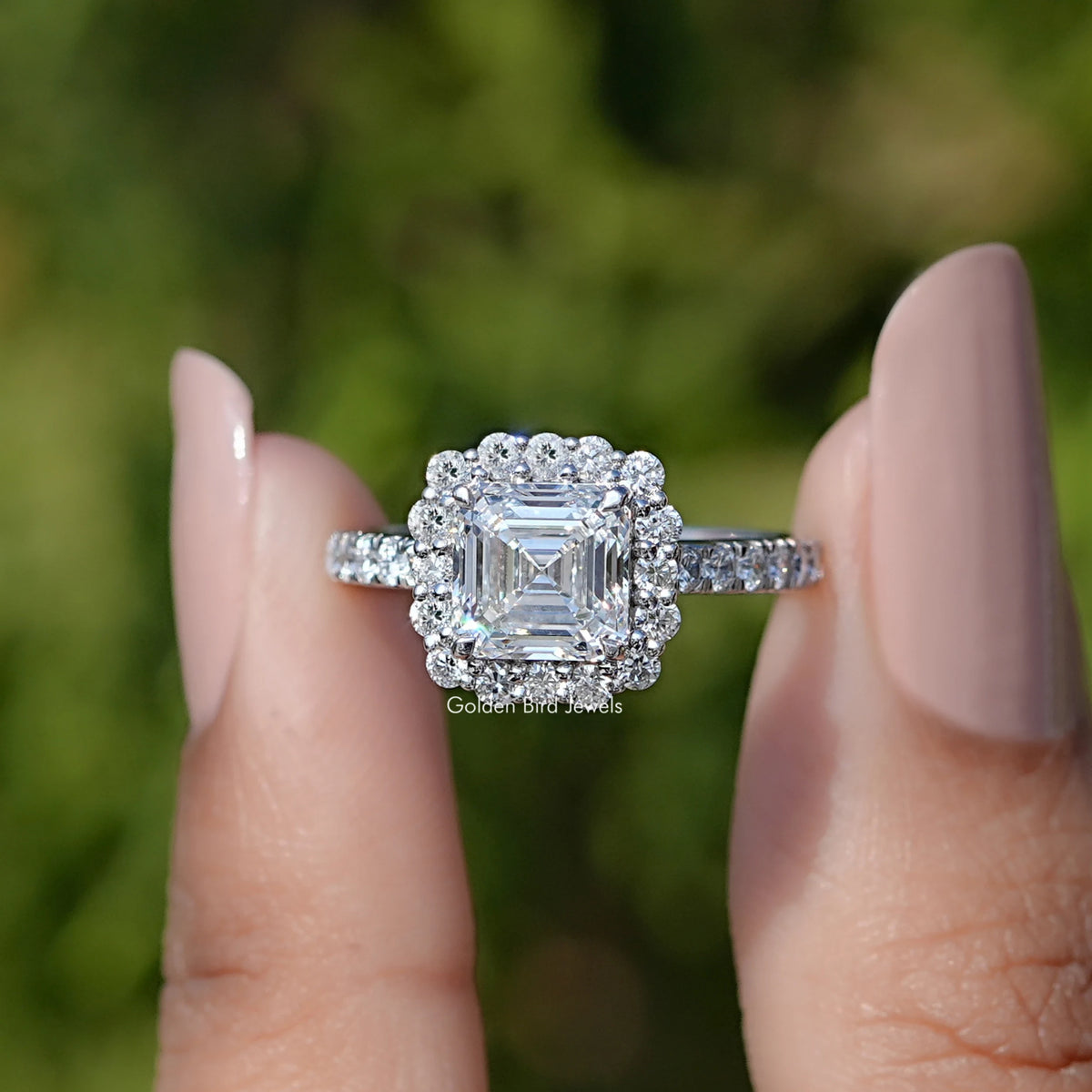 Asscher Cut Lab Diamond Accent Halo Wedding Ring
