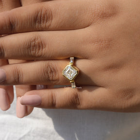 View of 3 Stone Asscher Cut Diamond Engagement Ring In Yellow Gold