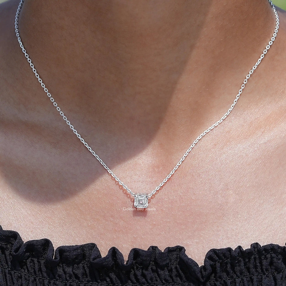 View of lab grown diamond Asscher cut pendant