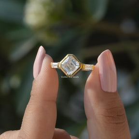 Front View of Asscher Cut Lab Diamond Three Stone Ring In two Fingers