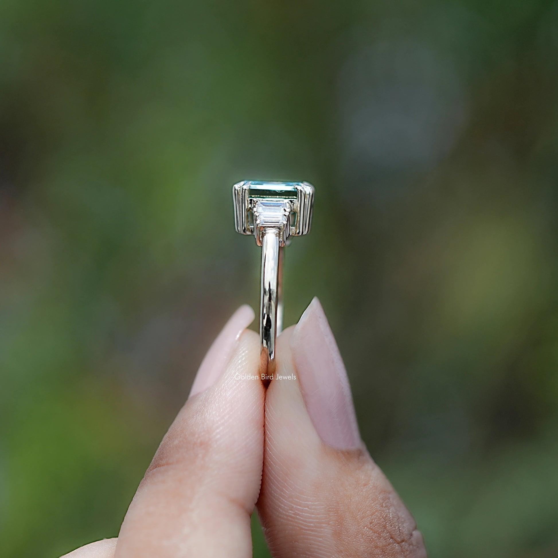 Side view of Asscher Cut Moissanite Five Stone Engagement Ring