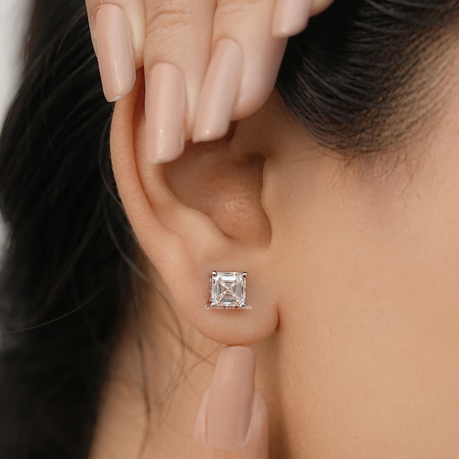 Asscher Cut Moissanite White Gold Stud Earrings