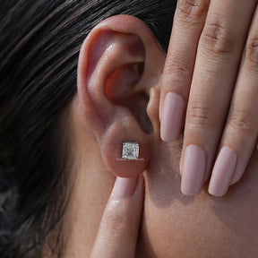 View of White Gold Asscher Stud Earrings