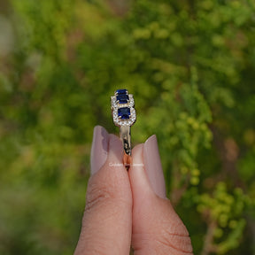 Blue Asscher Gemstone Halo Five Stone Band